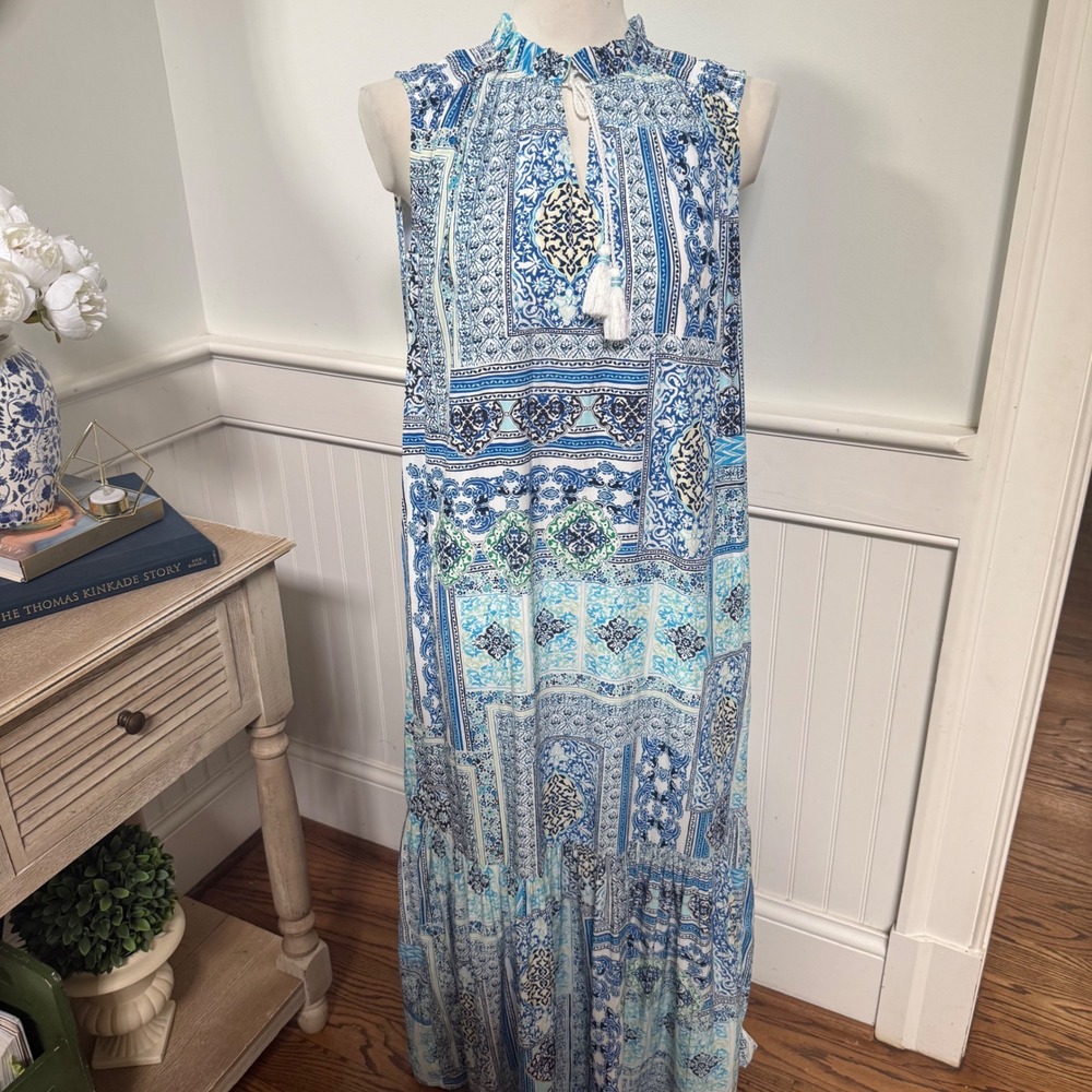 Chicos Blue White Tile Print Tiered Maxi Dress Sleeveless‎ Tassel Tie Size 0 S